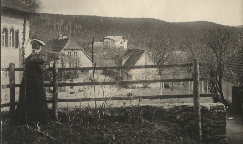 Historische Fotografie Otto Ehrhardt, Schloss Coswig mit Frau als Rückenfigur vor Geländer