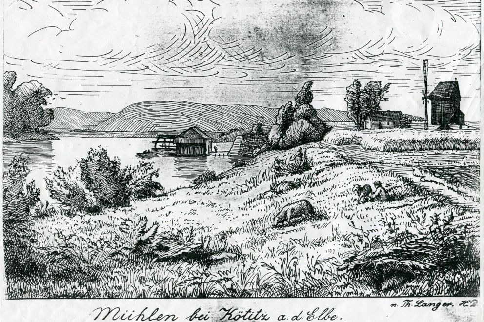 Grafik aus 19. Jahrhundert mit Hügel und Mühlen, von Th. Langer