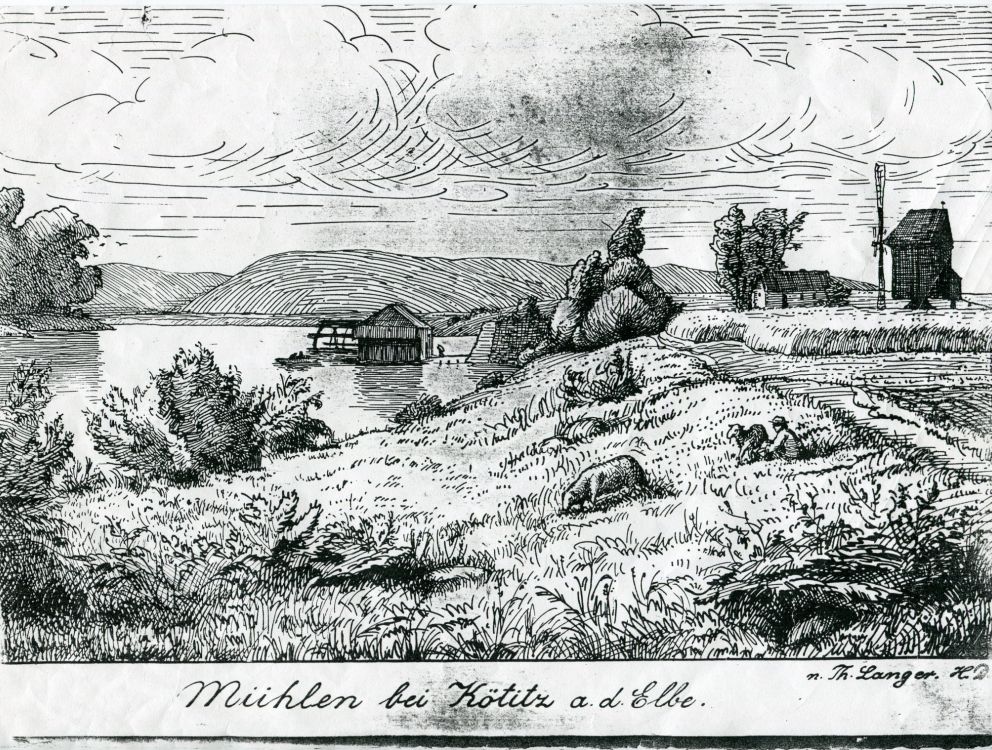 Grafik aus 19. Jahrhundert mit Hügel und Mühlen, von Th. Langer