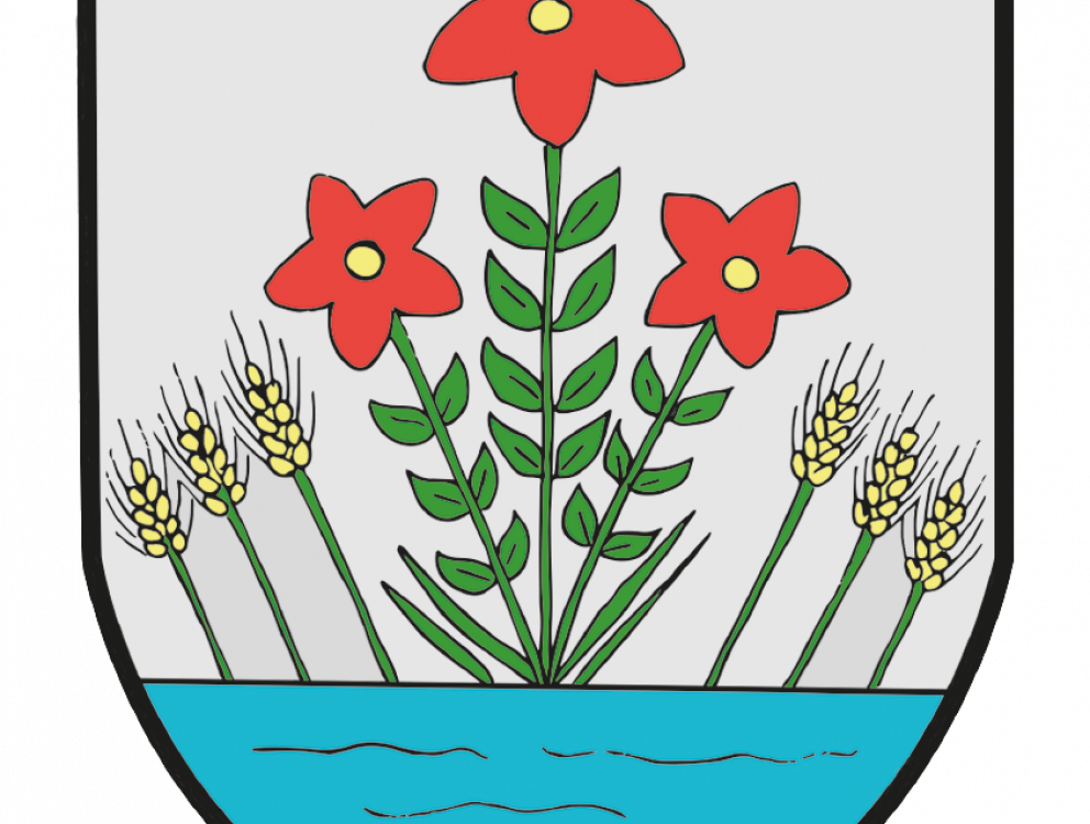 Ortsteil Sörnewitz als Siegel mit roten Blumen und Ähren auf Wasser