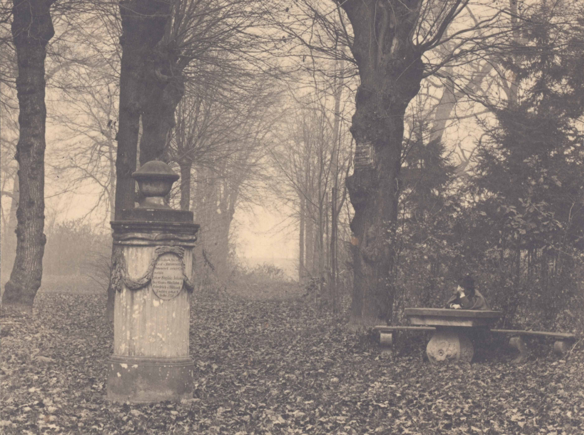 Historische Fotografie, Herbstbild mit Baumallee in Mitte, mit Denkmal links und sitzendem Mann rechts
