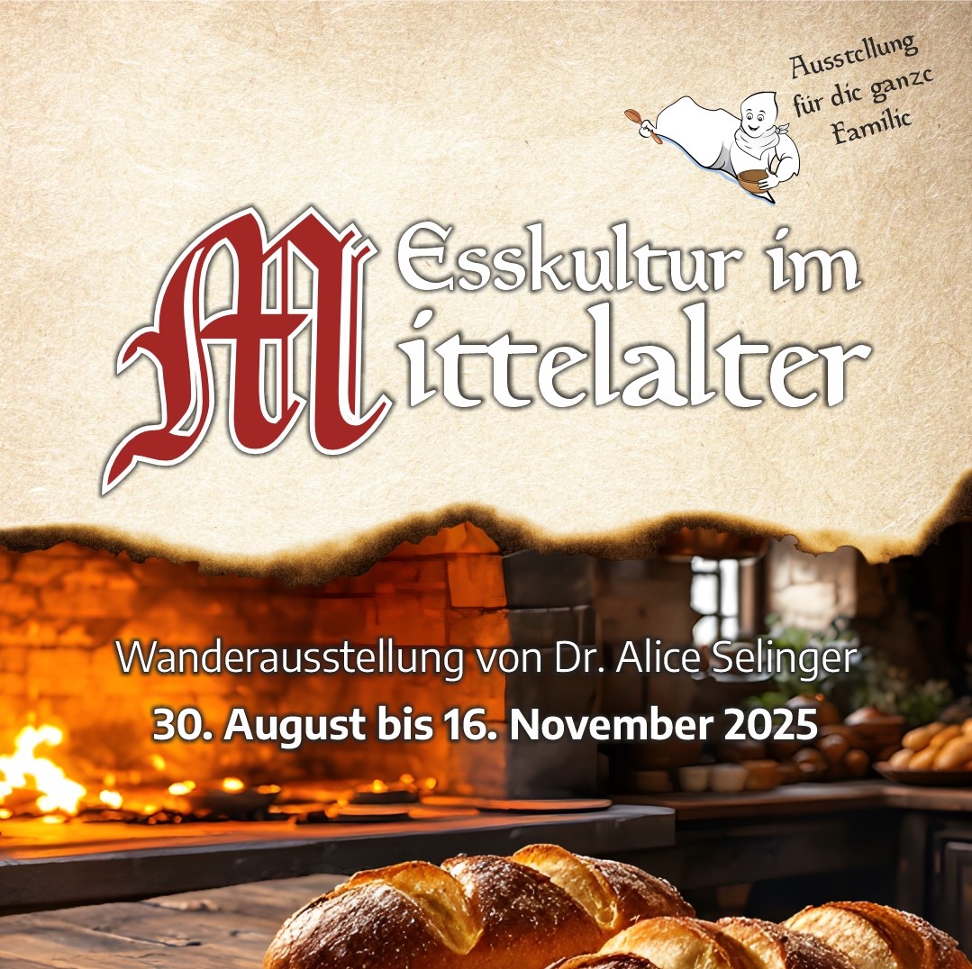 Esskultur im Mittelalter als Schriftzug über Pergamentandeutung