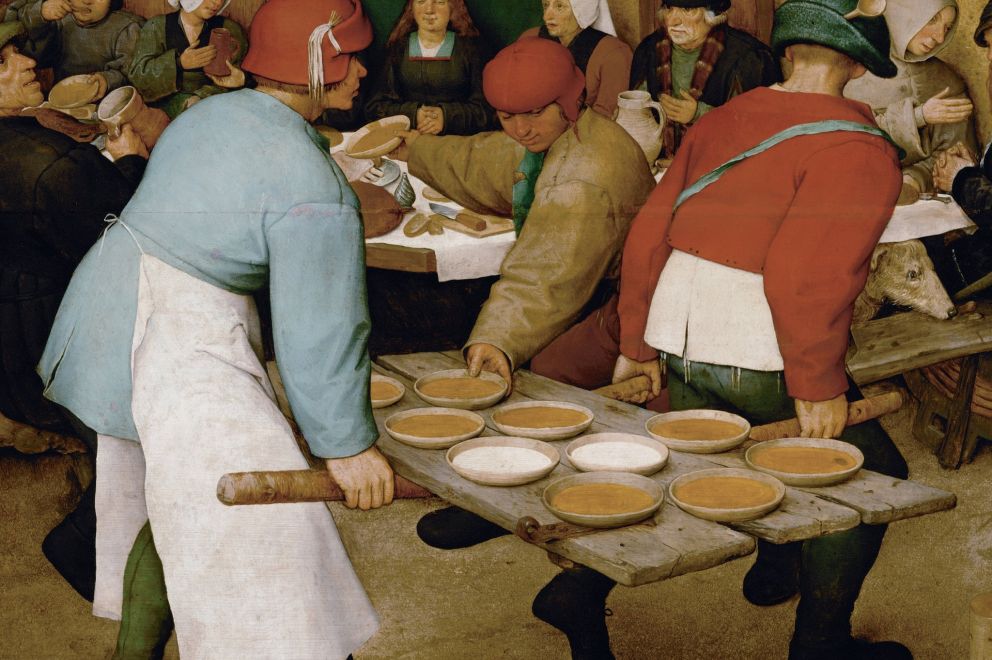 Pieter Bruegel der Ältere, „Die Bauernhochzeit“, Öl auf Eichenholz, um 1568, 114 × 164 cm, Kunsthistorisches Museum Wien